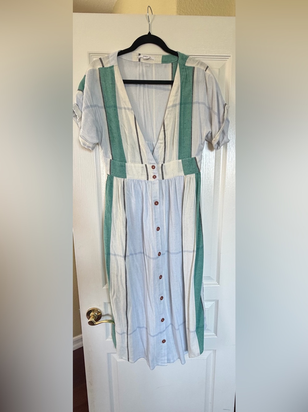 O'Neill Light Blue and Green Striped Button-Front Midi Dress